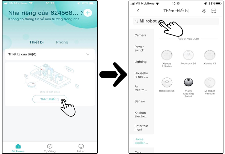 Chọn thêm thiết bị và tìm kiếm robot hút bụi
