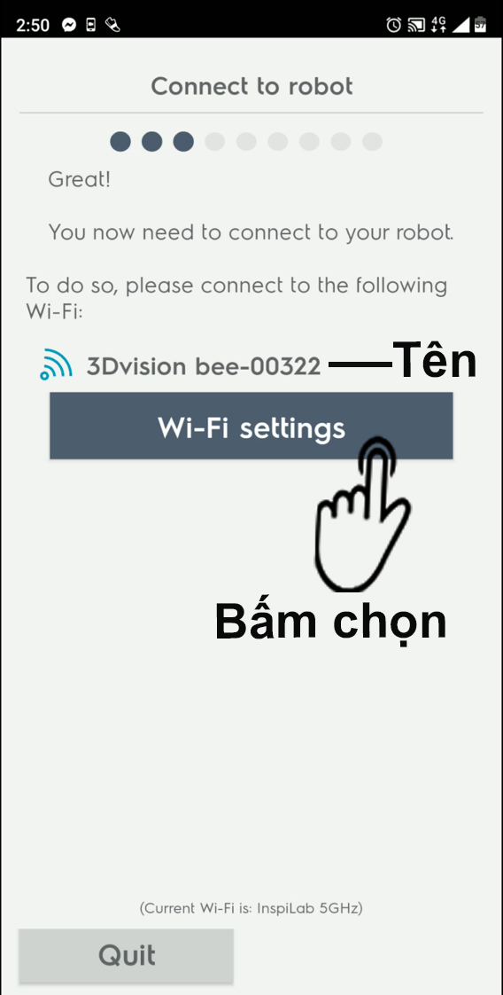 Màn hình hiển thị tên robot và nút cài đặt wifi