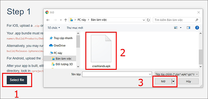  Chọn tệp Apk cần tải lên