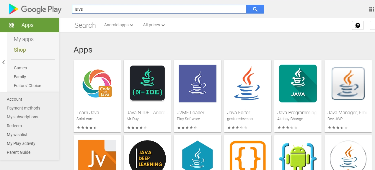 Tìm kiếm từ khóa Java trong Google Play