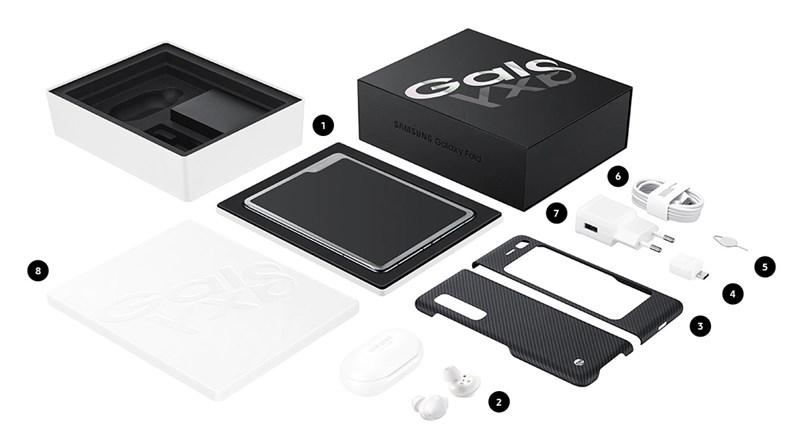 Galaxy Fold 5G cùng các phụ kiện đi kèm trong hộp bán lẻ