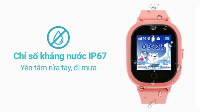 Đồng hồ định vị trẻ em Kidcare 06S có khả năng kháng nước IP67 Kháng nước và kháng bụi sẽ giúp cho tuổi thọ của chiếc đồng hồ định vị tăng lên nhiều lần.