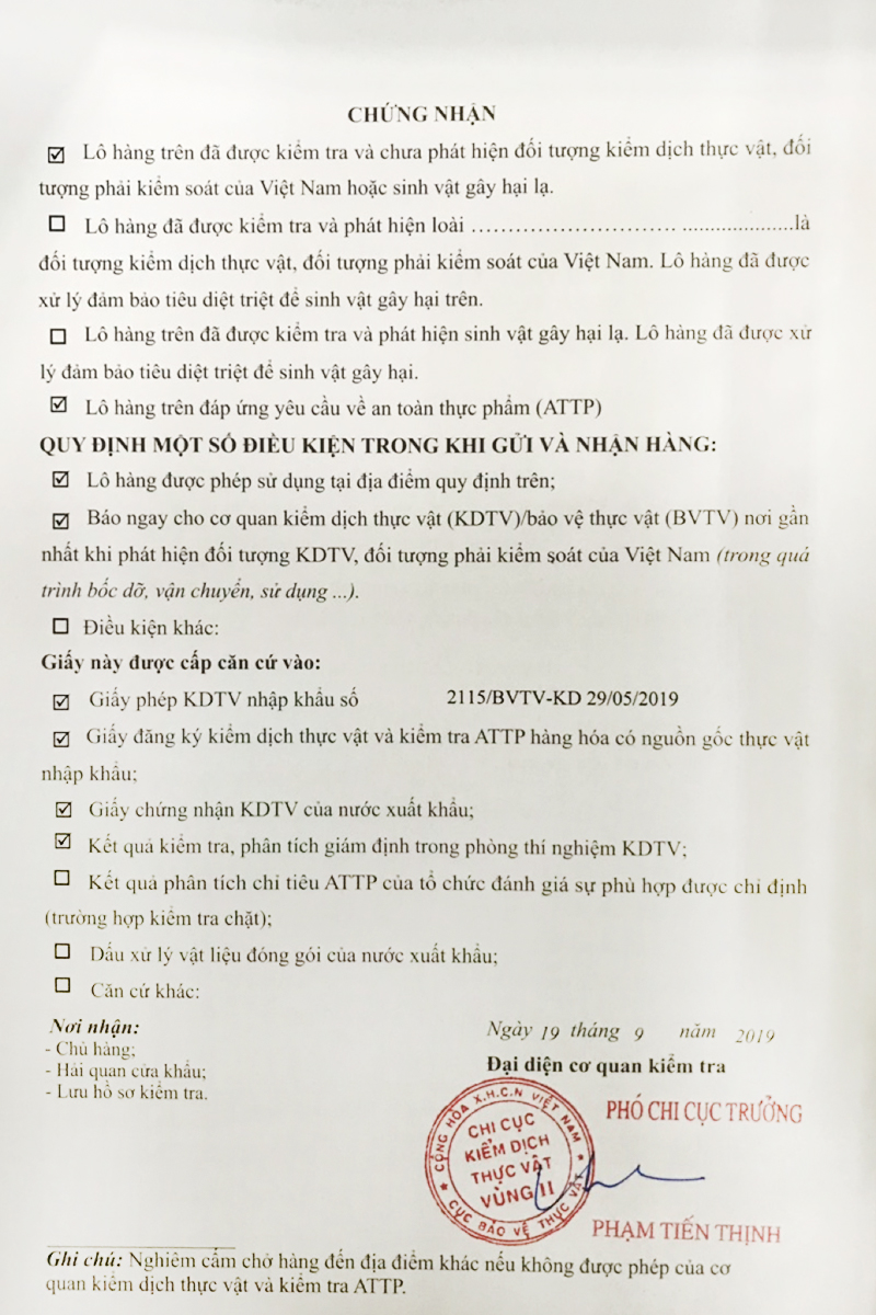 Chứng nhận nhập khẩu của nho xanh và nho đen