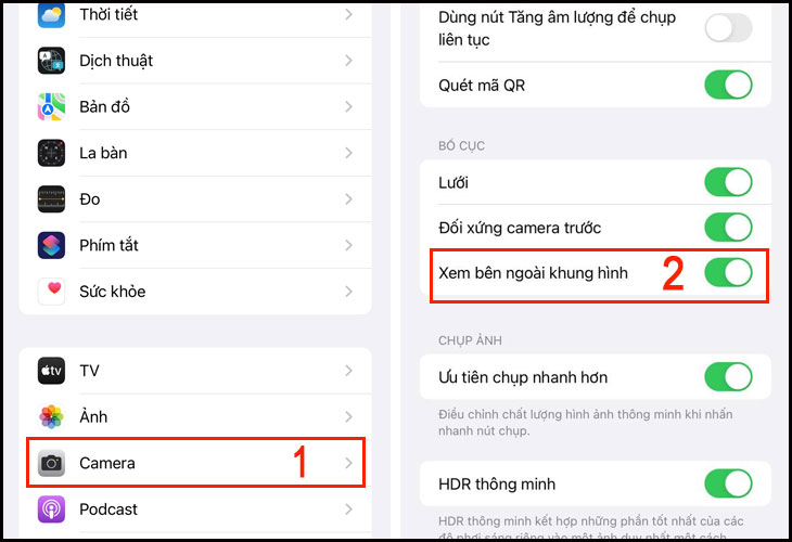 Cách bật tính năng xem ảnh bên ngoài khung hình trên iPhone 11