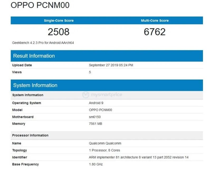 OPPO K5 lộ điểm sức mạnh trên Geekbench, dùng chip Snapdragon 730 + RAM 8GB