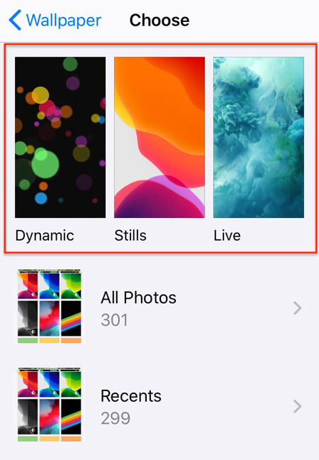Dynamic, Stills, Live trên iPhone