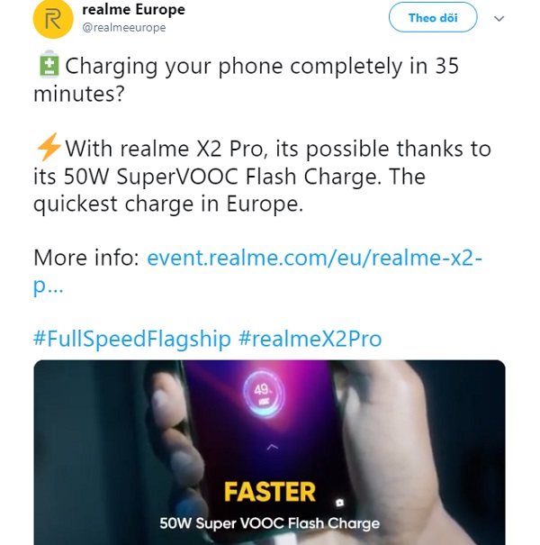 Bài đăng trên Twitter của Realme Châu Âu