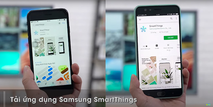 Hướng dẫn cách thiết lập và sử dụng Ambient Mode trên tivi Samsung > Vào Appstore hoặc Cửa hàng Google Play, tìm và tải ứng dụng SmartThings