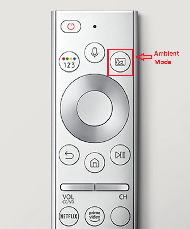 Hướng dẫn cách thiết lập và sử dụng Ambient Mode trên tivi Samsung > Bấm nút có biểu tượng Ambient Mode trên remote tivi.