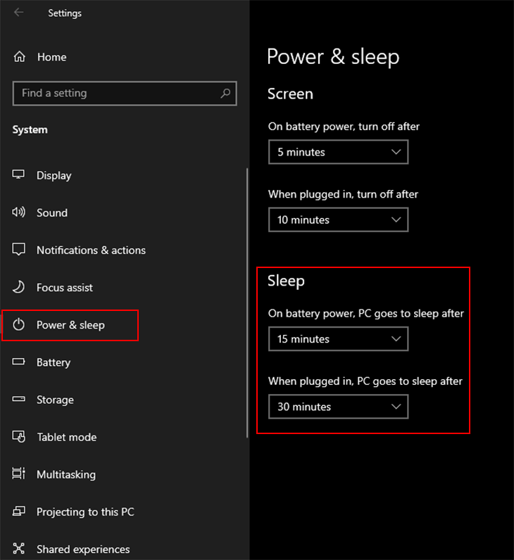 Hướng dẫn cách bật/tắt chế độ ngủ, ngủ đông trên laptop chạy Windows > Vào Settings > System > Power and Sleep để cài đặt thời gian tự động ngủ cho Windows 10