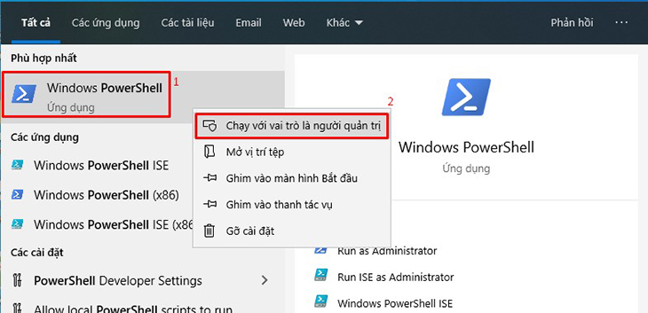 Tìm kiếm trên Windows > tìm kiếm PowerShell > mở PowerShell với quyền admin