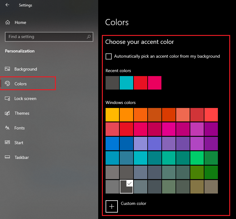 Vào Settings > Personalization > Colors, tại ngăn Choose your accent colors, chọn màu mà bạn muốn cho menu bắt đầu