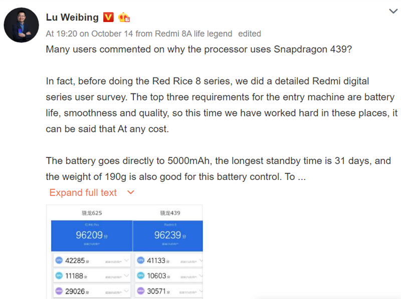 Lu Weibing giải thích lý do tại sao Redmi 8 dùng chip Snapdragon 439 thay vì Snapdragon 600 series
