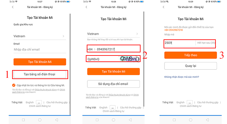 Tạo tài khoản bằng số điện thoại > Nhập số điện thoại > Nhập mã capcha > Kiểm tra tin nhắn > Nhập mã xác minh > Tiếp theo