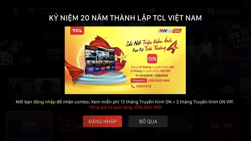 Cách kích hoạt gói khuyến mãi VTVcab on trên tivi TCL - đăng nhập