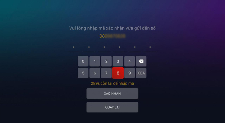 Nhập số điện thoại để tạo tài khoản vtvcab on trên tivi tcl