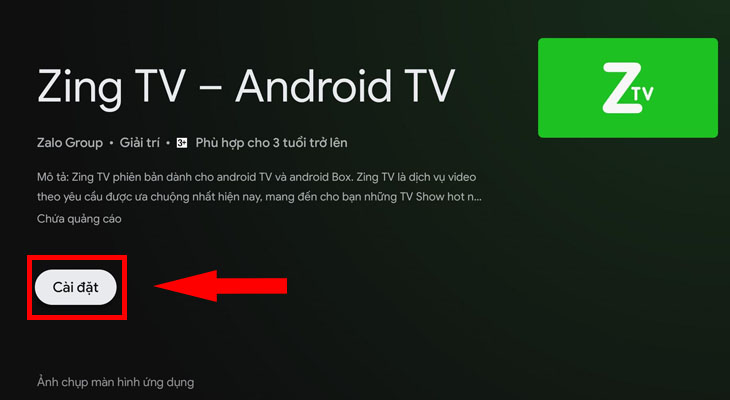Nhần cài đặt ứng dụng Zing TV