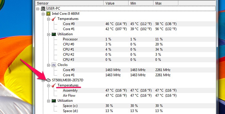 Quan sát nhiệt độ ổ cứng trong phầm Temperatures