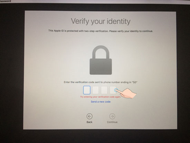 Hướng dẫn lấy lại mật khẩu cho Macbook khi bị quên mật khẩu > Nhập Code của Apple gửi về > Continue.