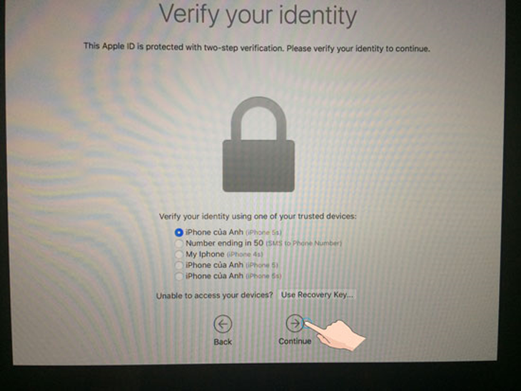 Hướng dẫn lấy lại mật khẩu cho Macbook khi bị quên mật khẩu > Xác nhận thông tin Apple (nếu dùng bảo vệ 2 lớp của Apple) > Continue
