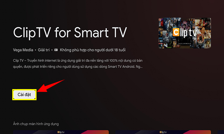 Cách sử dụng ứng dụng ClipTV trên tivi Sony mới nhất > Nhấn cài đặt để tải ứng dụng về