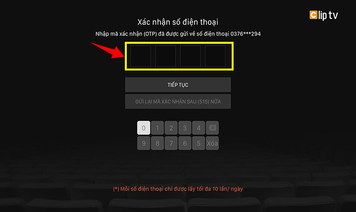 Nhập mã xác nhận được gửi về số điện thoại