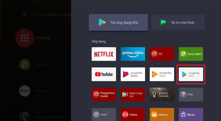 Cách sử dụng ứng dụng Galaxy Play (Fim+) trên tivi Sony mới nhất > Mở kho ứng dụng Google Play.