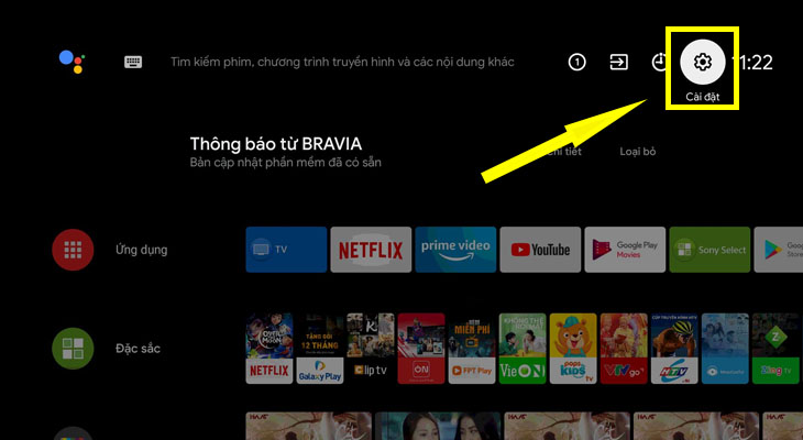 Vào cài đặt trên màn hình chính tivi