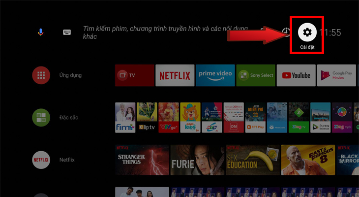 Vào cài đặt trên màn hình chính tivi