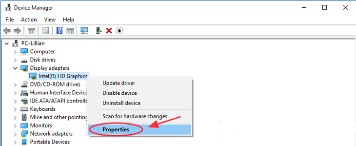 Hướng dẫn cách xem card màn hình trên Windows đơn giản, nhanh chóng > Click chuột phải vào tên card màn hình hiện lên này và chọn Properties.
