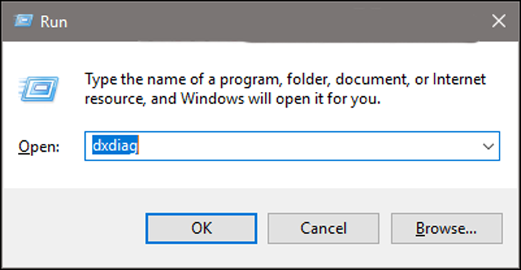 Hướng dẫn cách xem card màn hình trên Windows đơn giản, nhanh chóng > Nhập lệnh “dxdiag” rồi nhấn OK