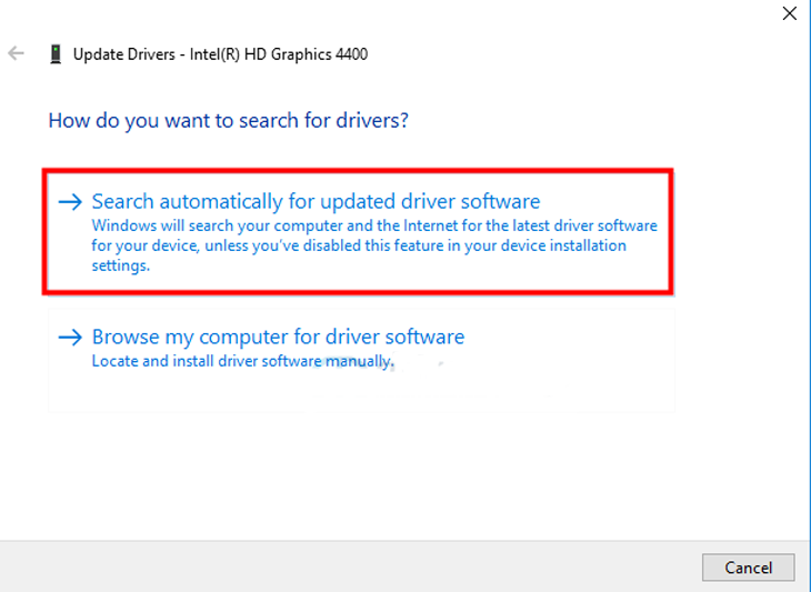Hướng dẫn cài đặt lại, cập nhật drive đồ hoạ cho máy tính Windows > Trong cửa sổ mới hiện lên, chọn vào Search automatically for updated driver software.
