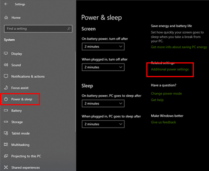 Chọn vào mục Power & sleep. Nhìn sang khung bên phải tìm và click vào Additional power settings.