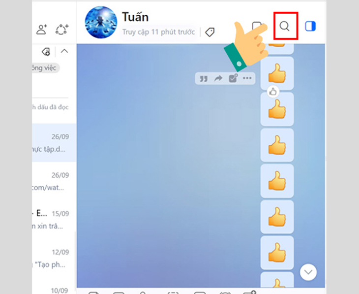Chọn biểu tượng tìm kiếm trong cuộc trò chuyện như hình phía dưới.