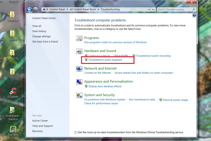 Hardware and Sound chọn Troubleshoot audio playback