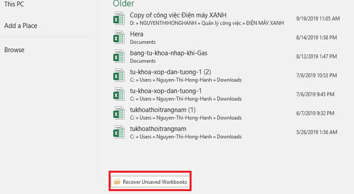 Cách lấy lại file Excel chưa lưu, bị lưu đè, bị xóa đơn giản nhất > nhấp vào Recover Unsaved Workbooks