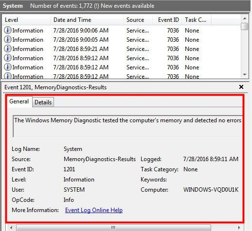 Thông báo không phát hiện lỗi RAM (detected no errors) sau khi quét