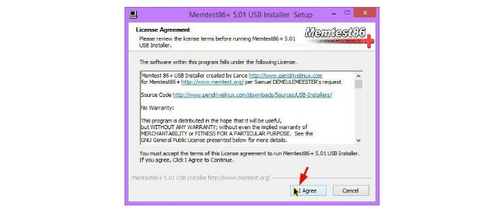 Nhấn "I Argee" để đồng ý với các điều khoản của Memtest86