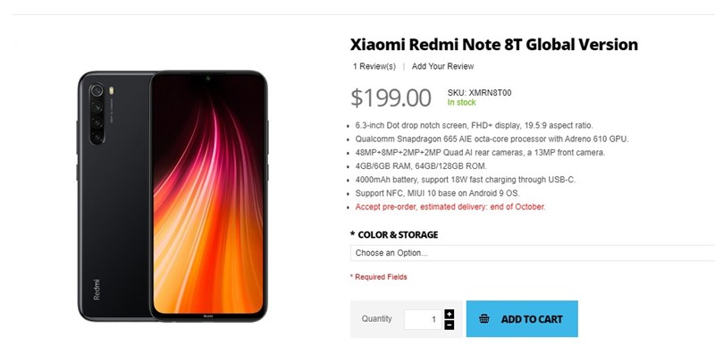 Redmi Note 8T chưa ra mắt nhưng đã cho phép đặt hàng trước với giá 4.6 triệu đồng
