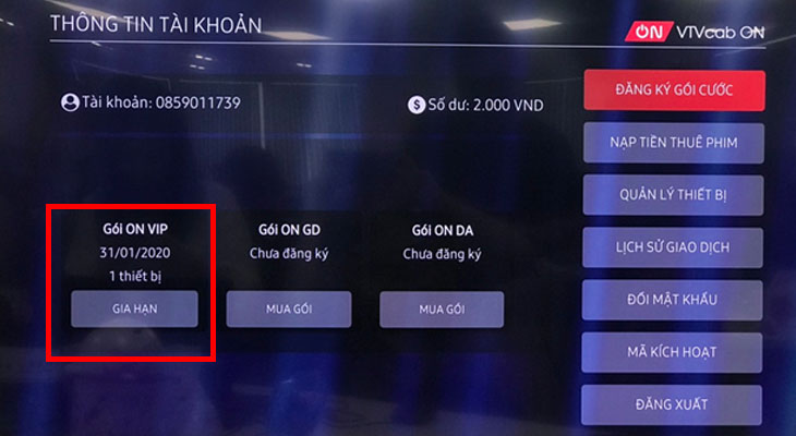 Cách kiểm thời hạn gói cước khuyến mãi VTVcab ON