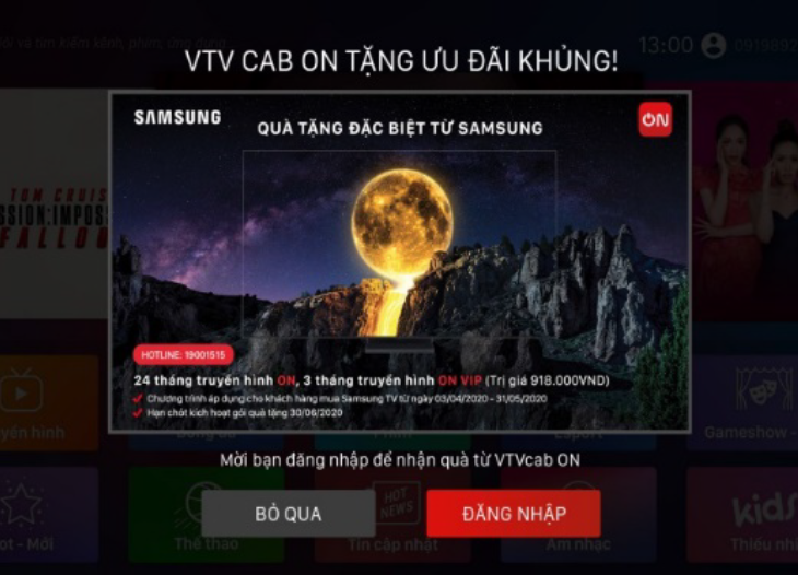 Cách kích hoạt gói khuyến mãi VTVcab ON trên tivi Samsung - mở ứng dụng VTVcab ON