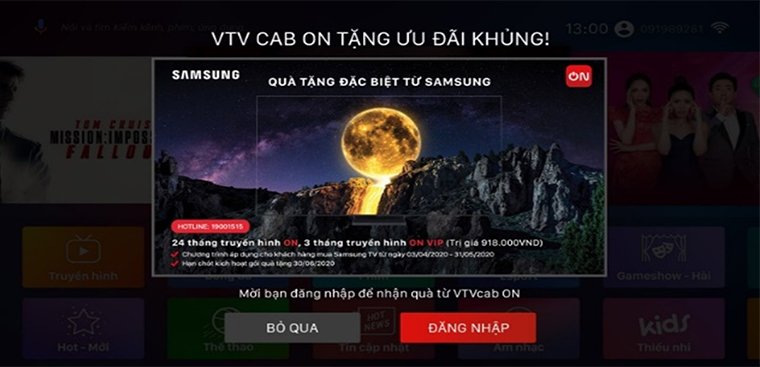 Cách kích hoạt gói khuyến mãi VTVcab ON trên tivi Samsung