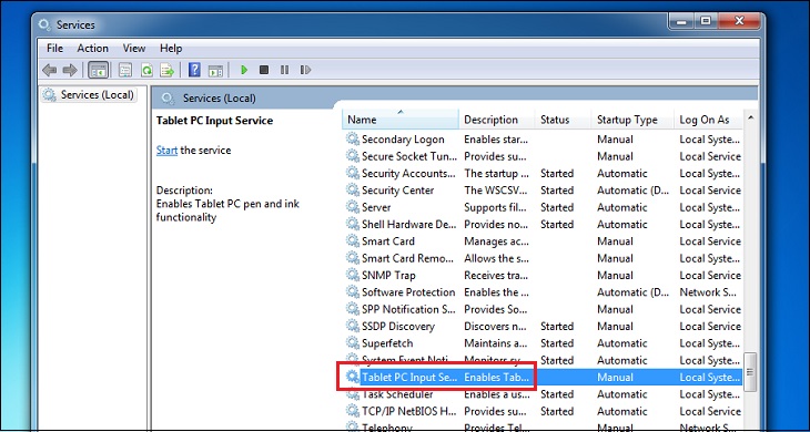 Trong thẻ Services, bạn tìm đến dòng chữ Tablet PC Input Service, nhấn chuột phải và chọn Vô hiệu hoá (Disable).