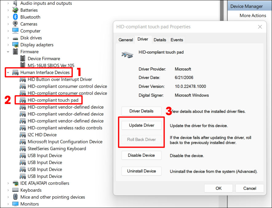 Nhấn chuột phải vào driver touchpad và chọn Properties > Update Driver (trong phần Driver).