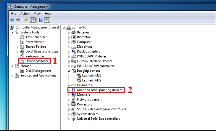 Vào mục Device Manager > chọn Mice and other pointing devices.