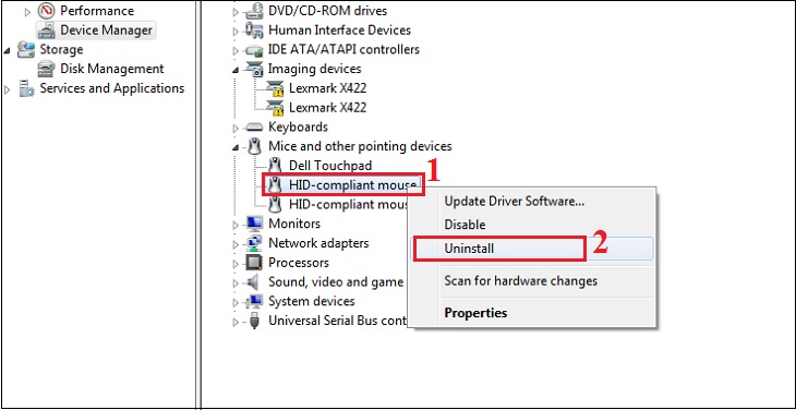 Nhấn chuột phải vào driver chuột cần gỡ và chọn Uninstall device.