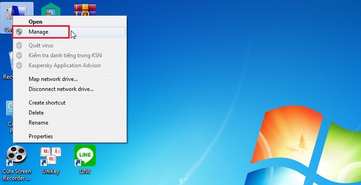 Nhấp phải chuột vào biểu tượng My Computer > chọn Manage.