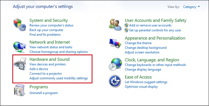 Chọn mục Hardware and Sound.