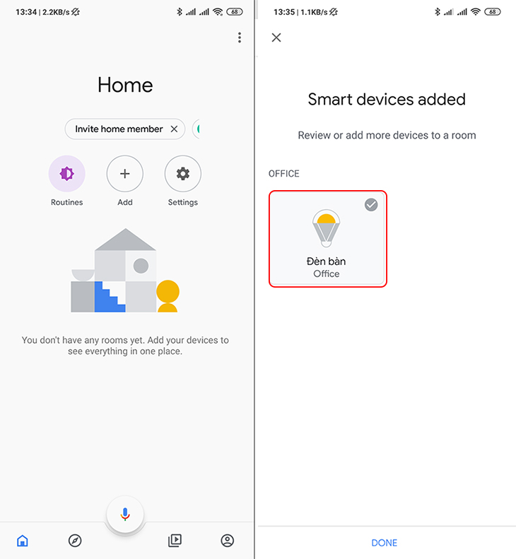 Quay trở lại màn hình chính của app Google Home  Vuốt từ cạnh trên xuống dưới để refresh  Các thiết bị Xiaomi sẽ xuất hiện đầy đủ trong Google. 