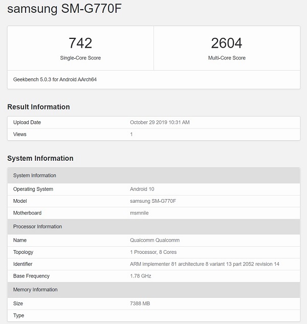 Cấu hình S10 Lite rò rỉ trên Geekbench